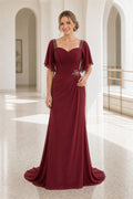 Burgundy Sweetheart Flutter Sleeve Sheath Chiffon Floor-Length Dress With Flower Applique