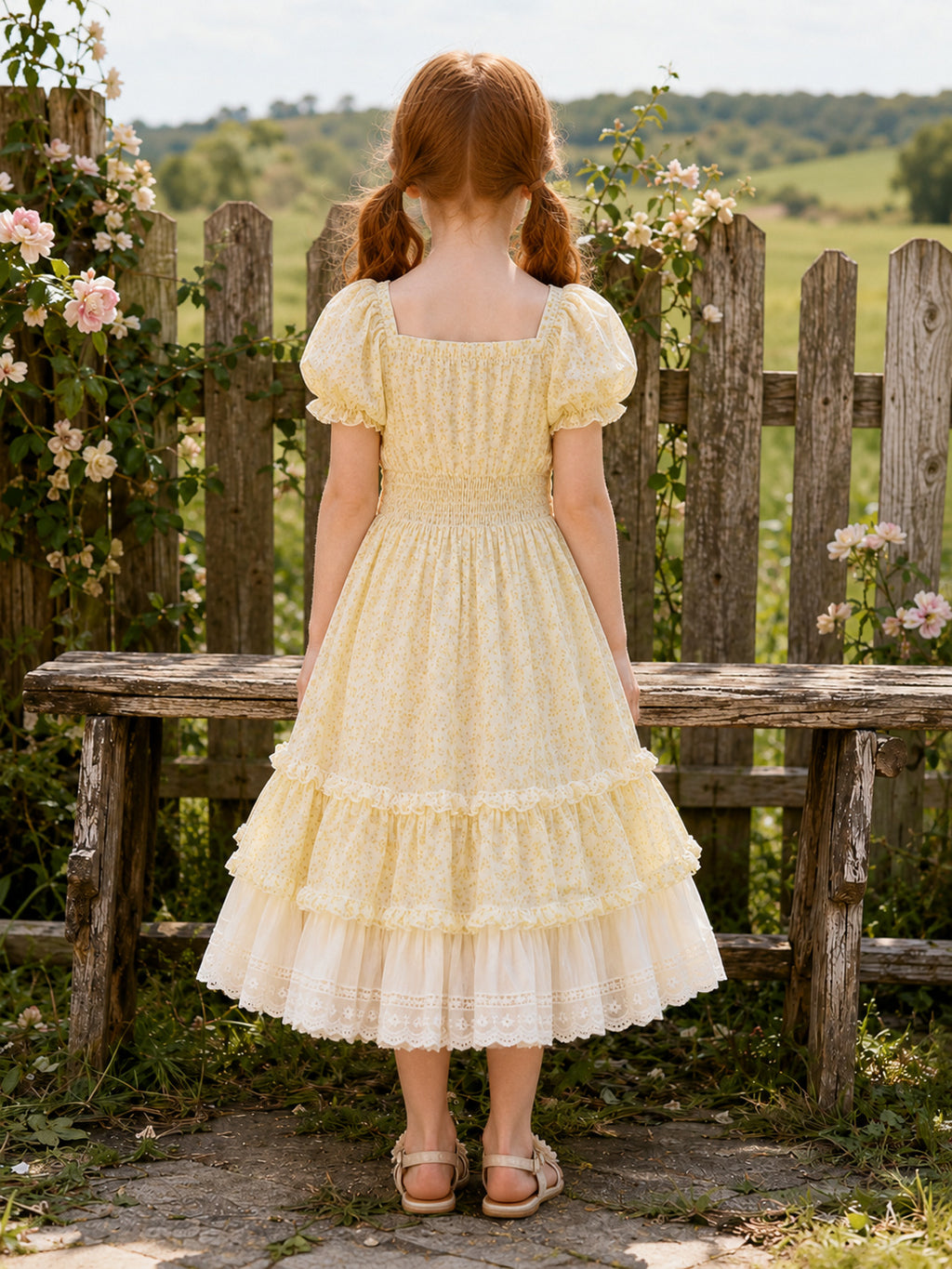 Daffodil Tiered Ruffle Tulle A-Line Flower Girl Dress with Square Neck, Short Puff Sleeves, and Tea-length Skirt back view