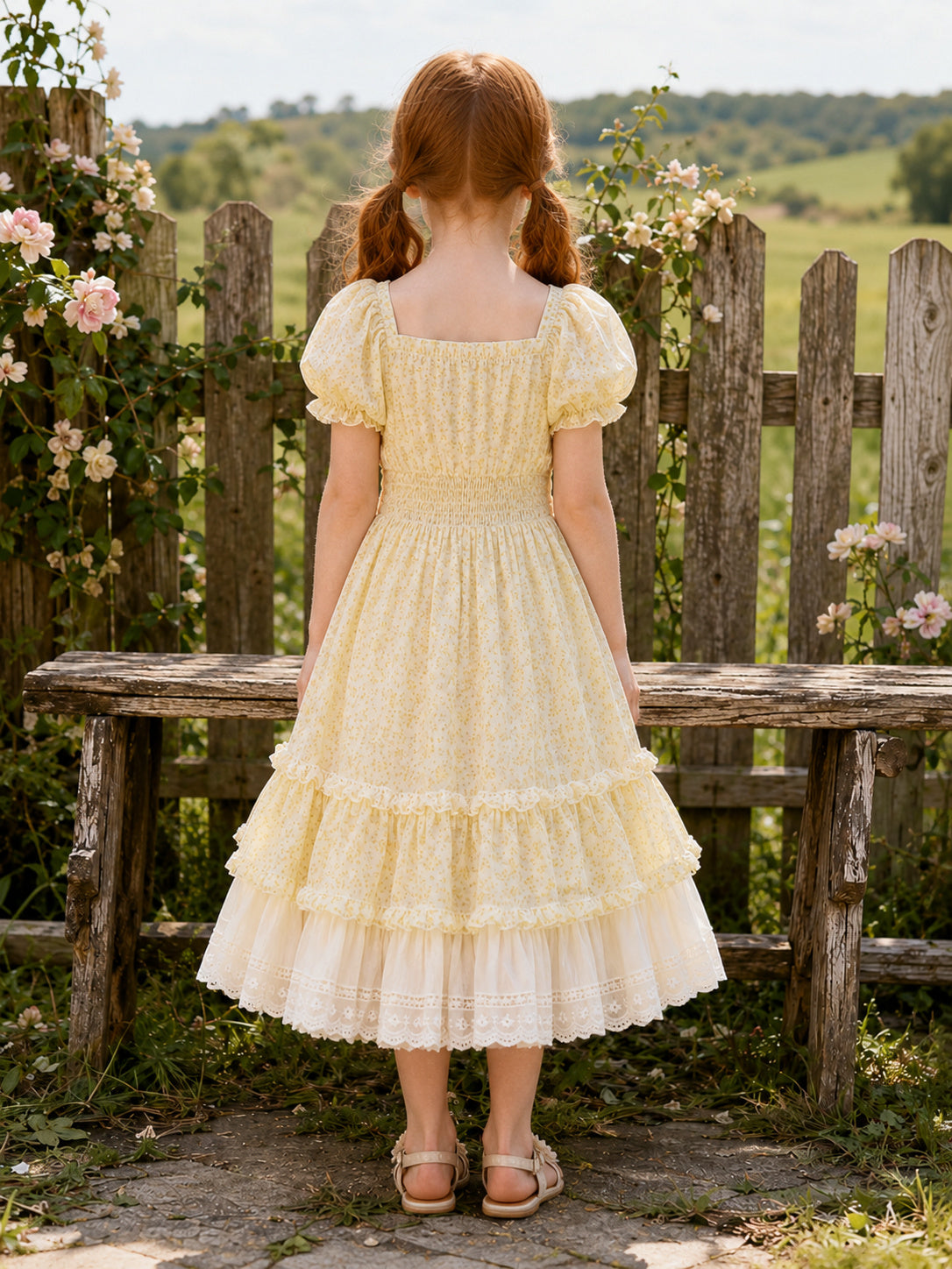 Daffodil Tiered Ruffle Tulle A-Line Flower Girl Dress with Square Neck, Short Puff Sleeves, and Tea-length Skirt back view