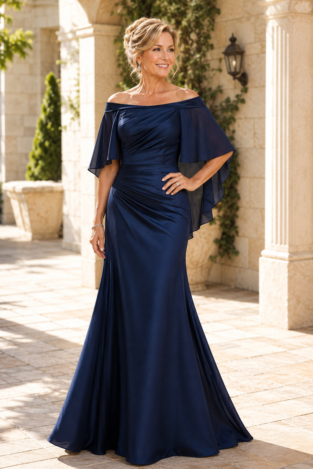 Dark Navy Off Shoulder Mermaid Mother Dress with Draped Cape Sleeves and Satin Finish front view