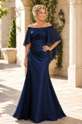 Dark Navy Off Shoulder Mermaid Mother Dress with Draped Cape Sleeves and Satin Finish front view