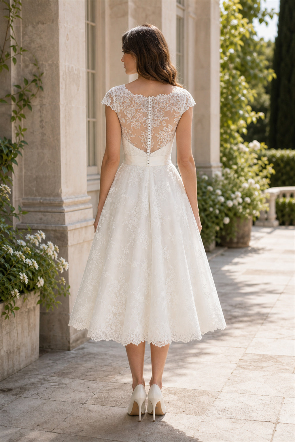 Champagne Bateau Cap Sleeves A-Line Lace Tea-length Dress With Lace