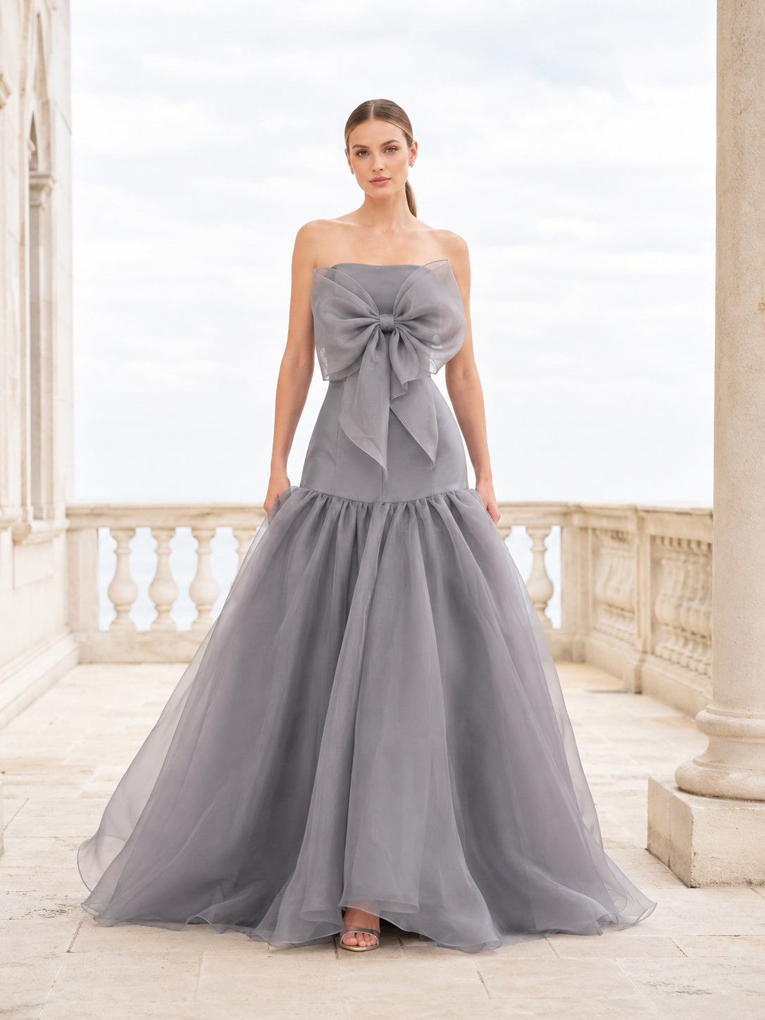 Steel Gray Strapless Front Bow Tiered Tulle A-Line Wedding Gown front view