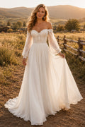 Boho Off the Shoulder A-Line Wedding Dress with Sweetheart Lace Bodice and Bell Sleeves front view