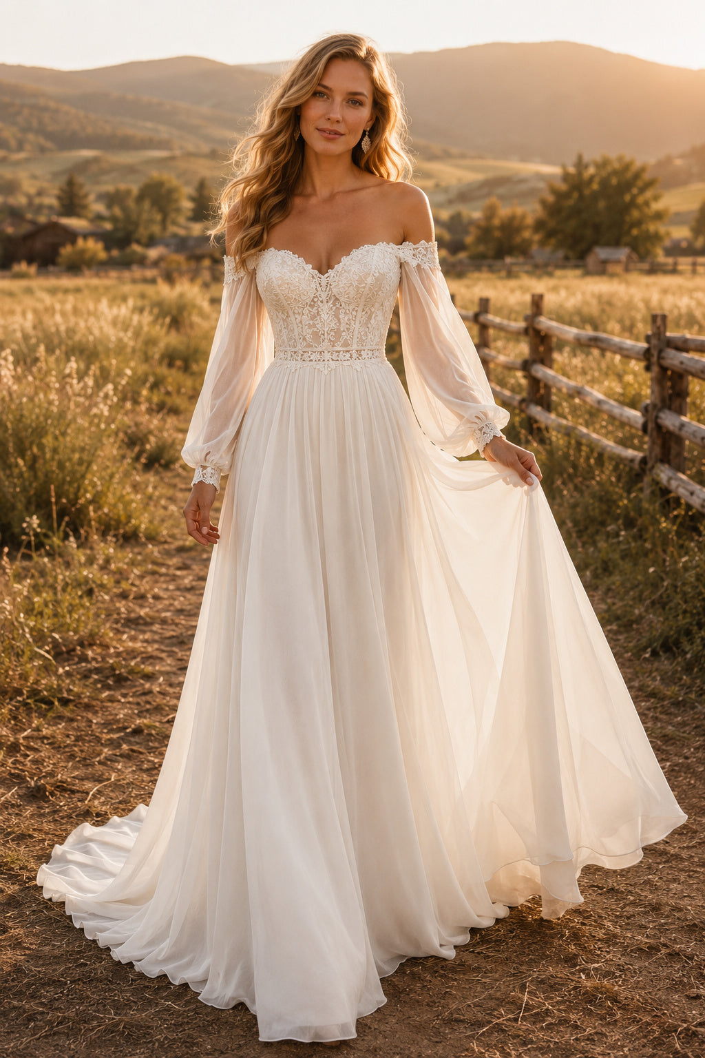 Boho Off the Shoulder A-Line Wedding Dress with Sweetheart Lace Bodice and Bell Sleeves front view