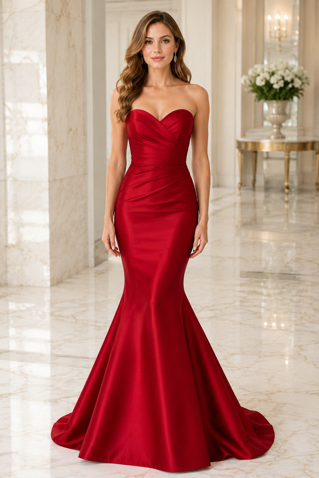 Red Strapless Sweetheart Satin Mermaid Formal Dress front view
