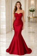 Red Strapless Sweetheart Satin Mermaid Formal Dress front view