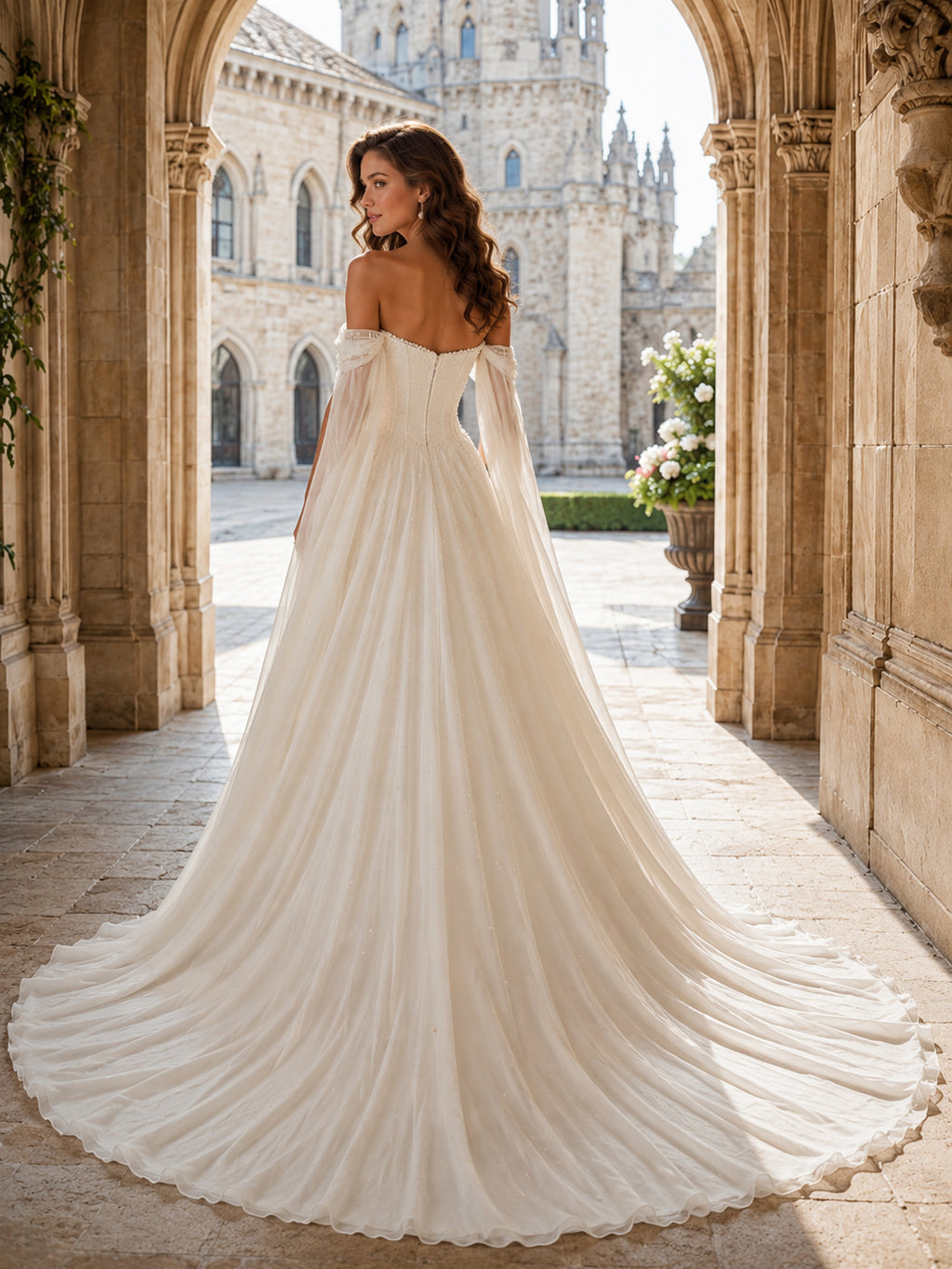 Tulle Wedding Dress A-Line Off Shoulder Sweep Train Ruffle Detail Low V Back Bridal Gown back view