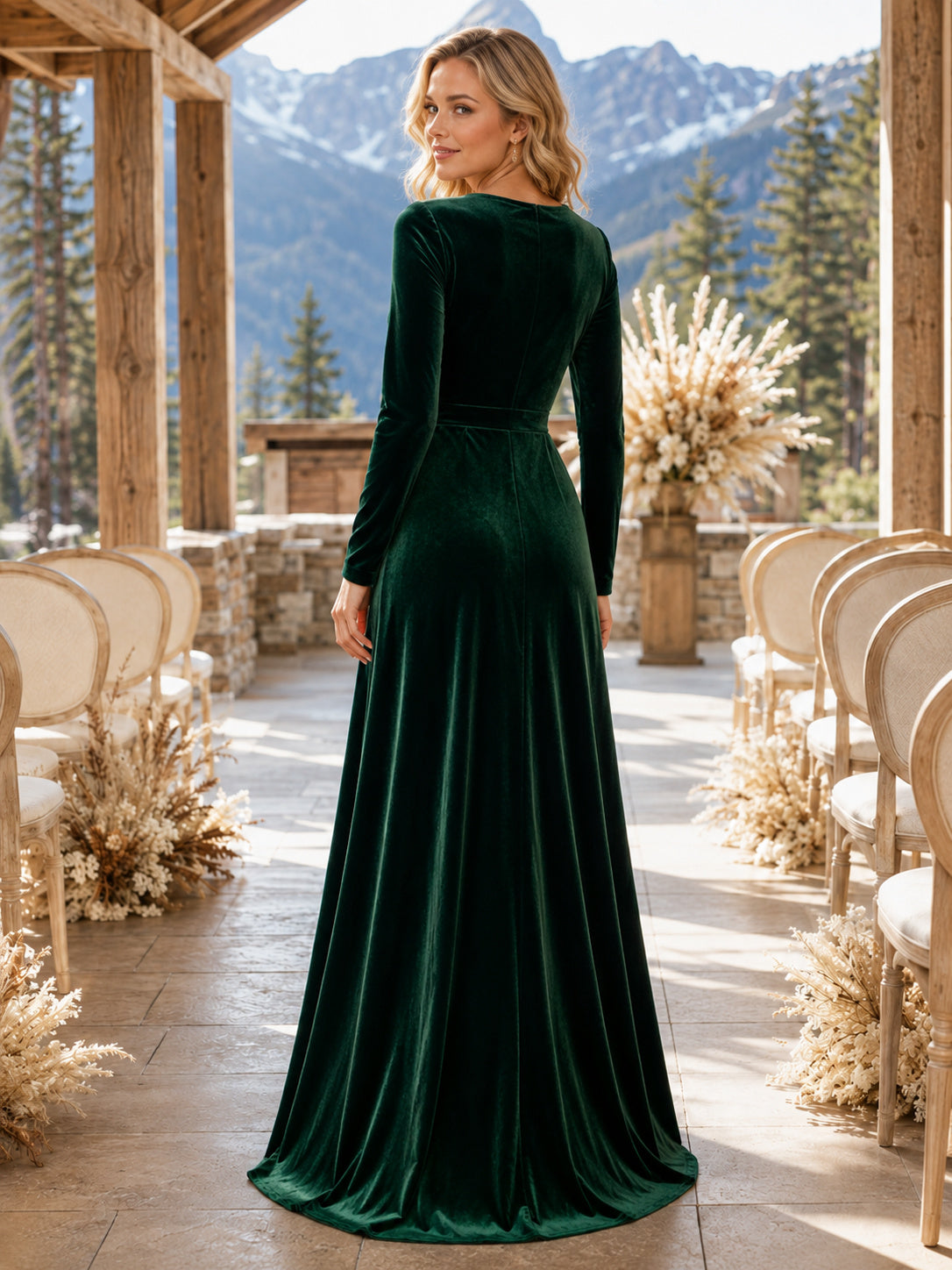 Forest Green Long Sleeve V Neck Velvet Floor Length A Line Guest Dress back view