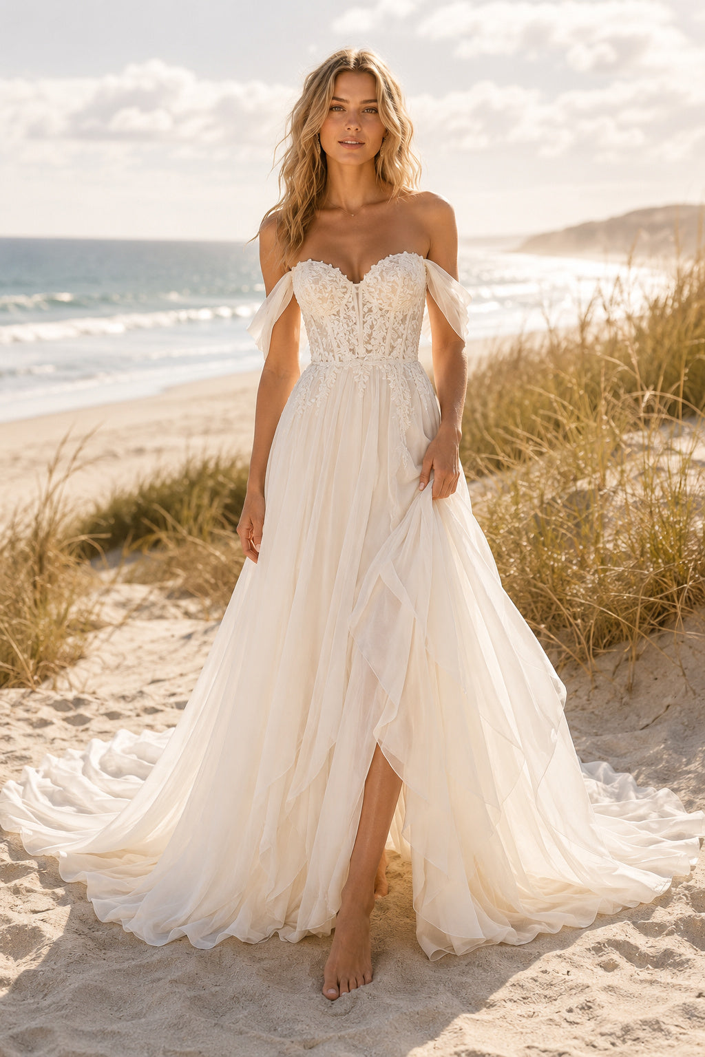 Ivory Off Shoulder Sweetheart A-Line Tulle Wedding Dress Split Train for Bridal Ceremony and Reception front view