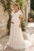 Ivory Short Sleeve Chiffon Maternity Wedding Dress with Keyhole Back front view