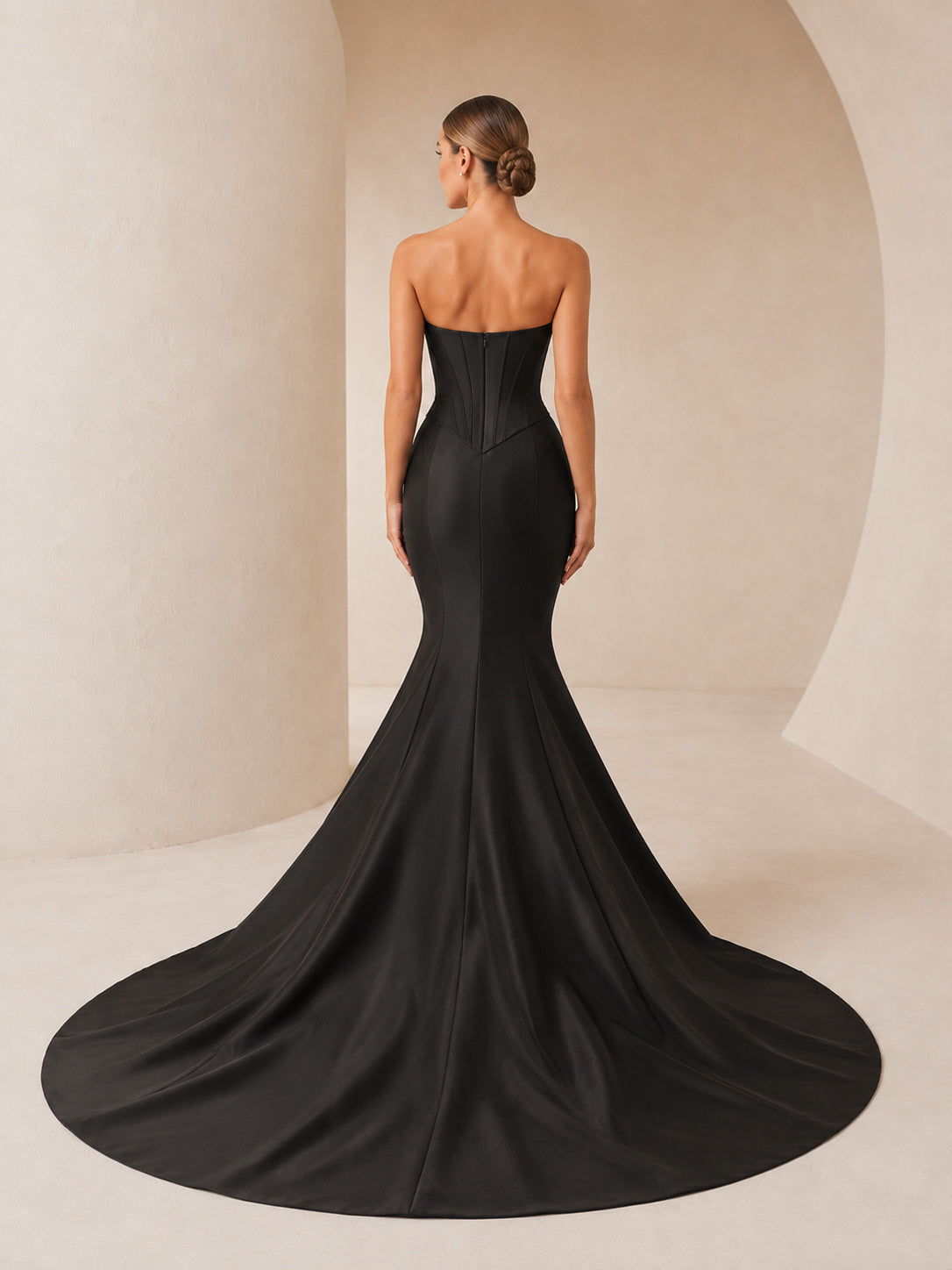 Black Strapless Sweetheart Satin Mermaid Basque Corset Wedding Gown back view