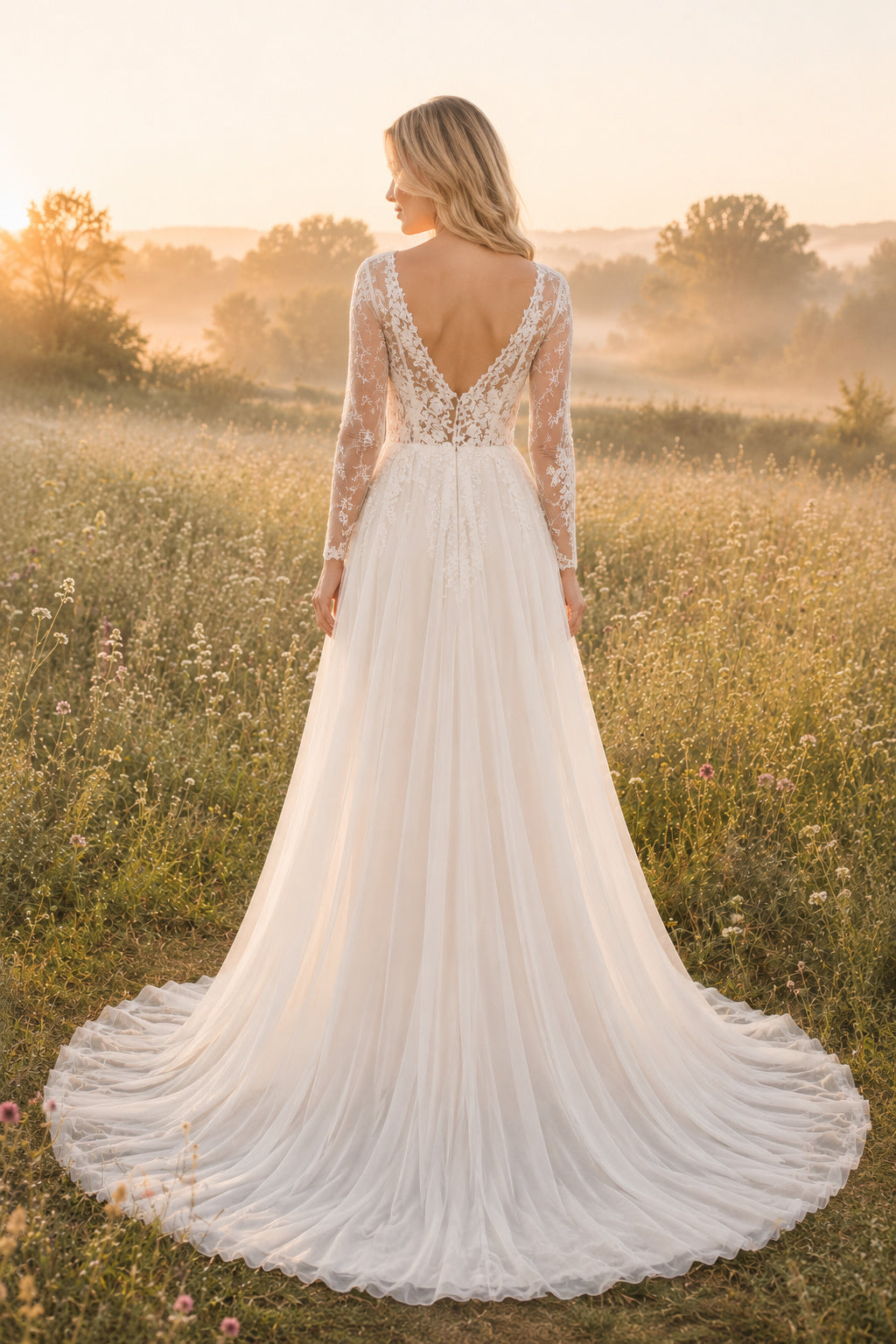 Ivory Long Sleeve Lace Bodice A-Line Wedding Dress with Chiffon Skirt Style MG_700437 back view