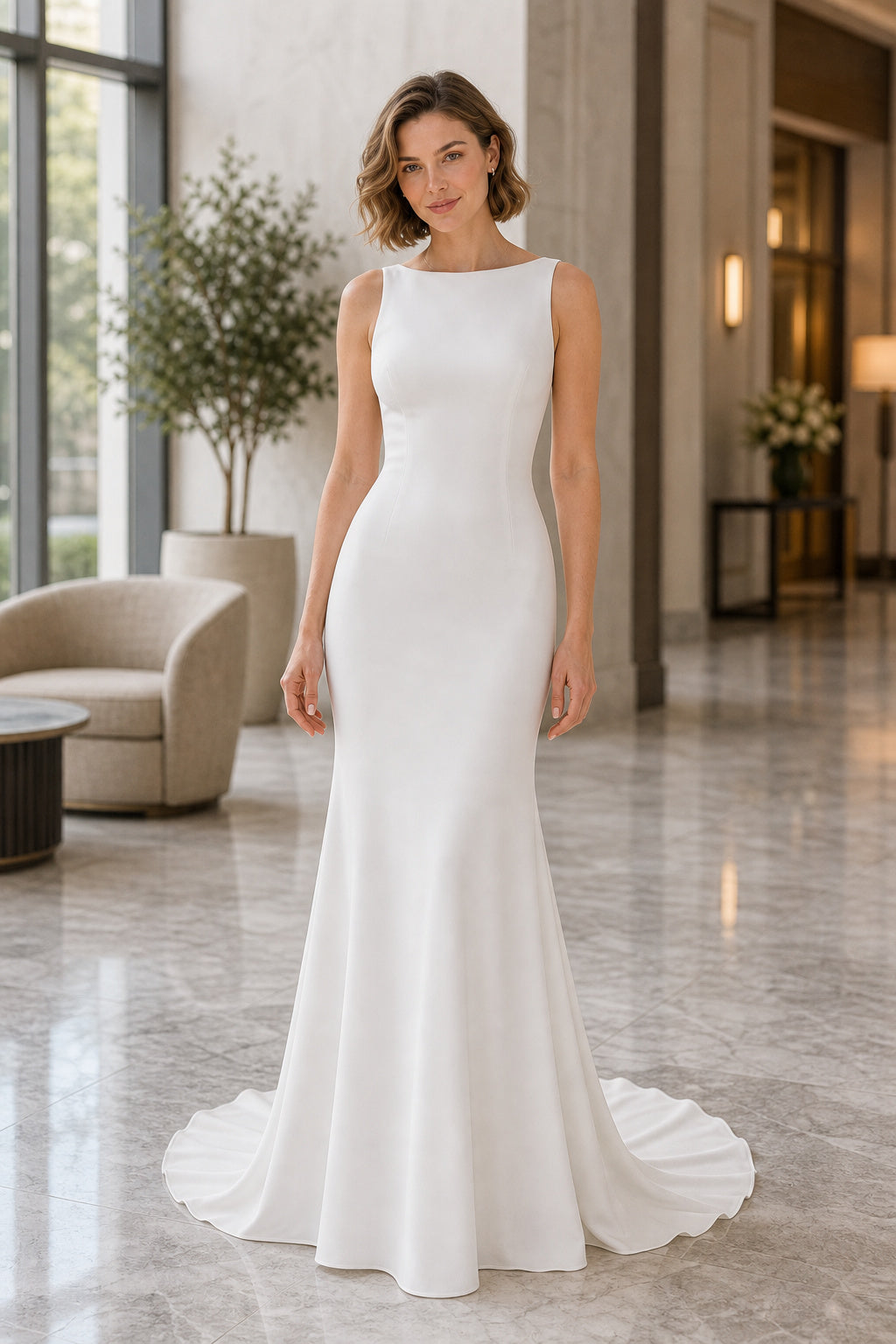 White Halter A-Line Crepe Floor-length Wedding Dress With Beaded Bodice and Pleated Skirt and Open Back Lace Hem Detail