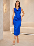 Royal blue high neck satin sheath midi dress front view