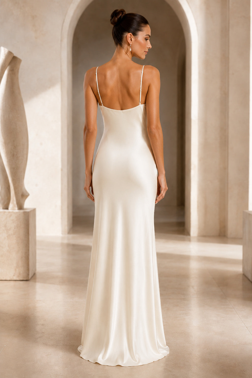 Ivory Spaghetti Strap Cowl Neck Sheath Wedding Dress with Low Back back view