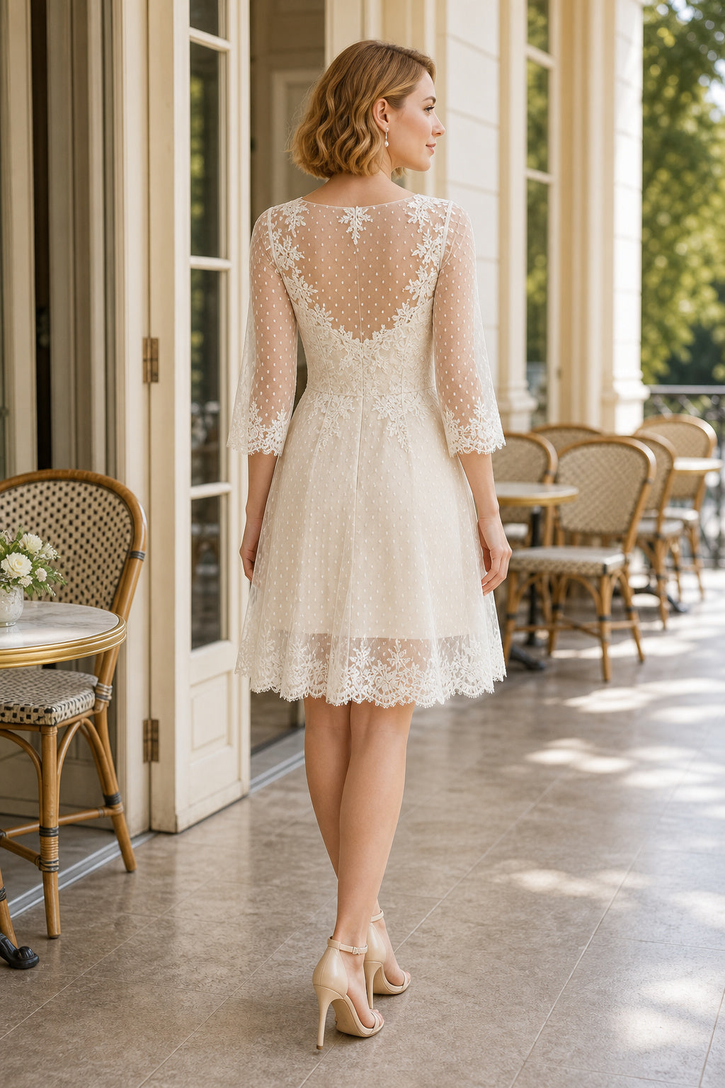 Ivory V-neck A-Line Lace Knee-length Dress With Lace