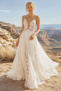 Ivory Spaghetti Deep V Lace Tulle A-Line Wedding Dress Split Train for Wedding Ceremony and Reception front view