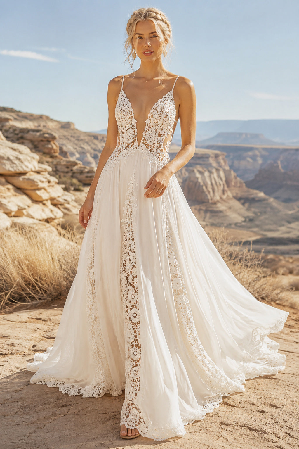 Ivory Spaghetti Deep V Lace Tulle A-Line Wedding Dress Split Train for Wedding Ceremony and Reception front view