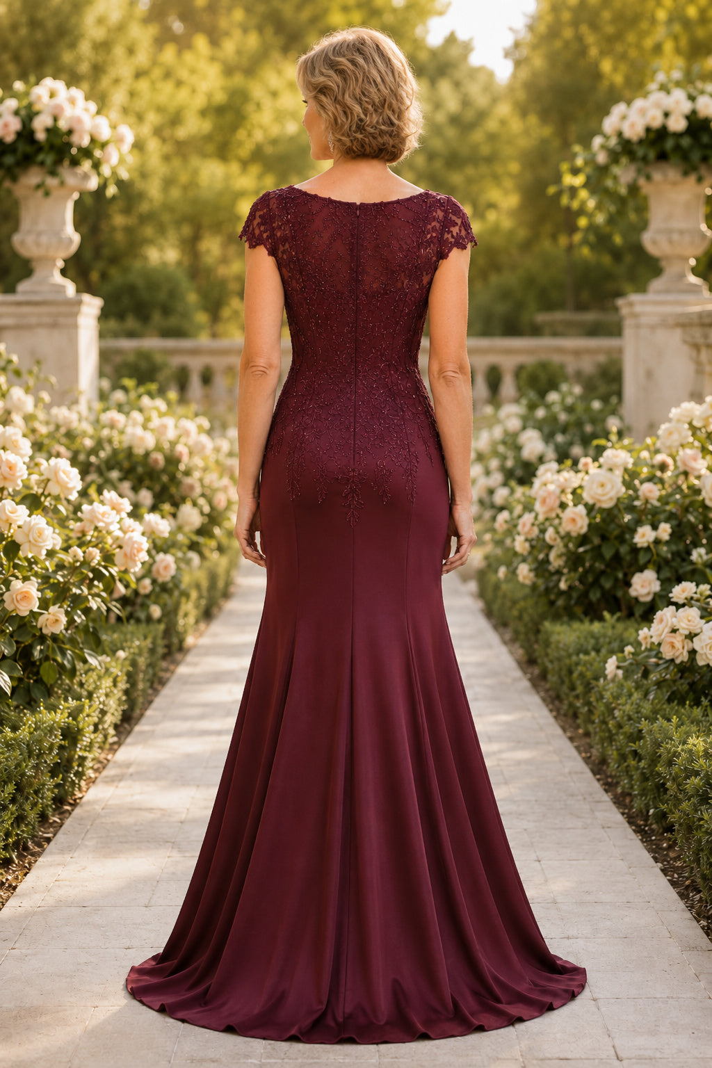 Burgundy Cap Sleeve Mermaid Mother Dress with Lace Bodice and Sweep Train back view