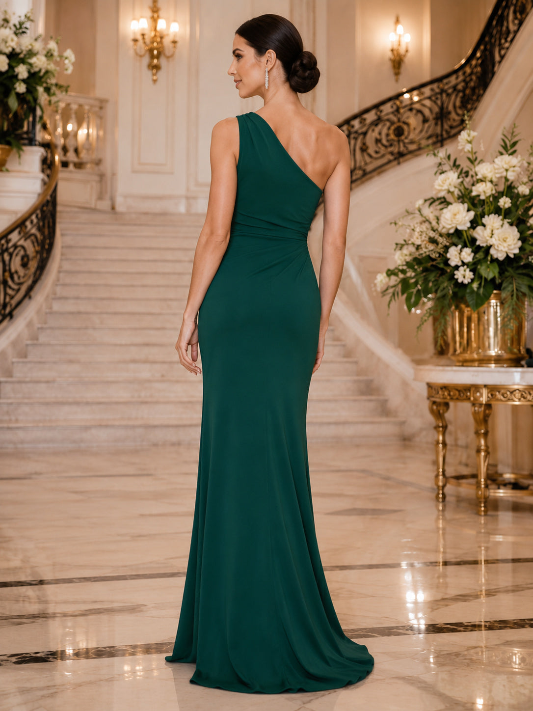 Emerald one shoulder sheath evening gown with side slit back view