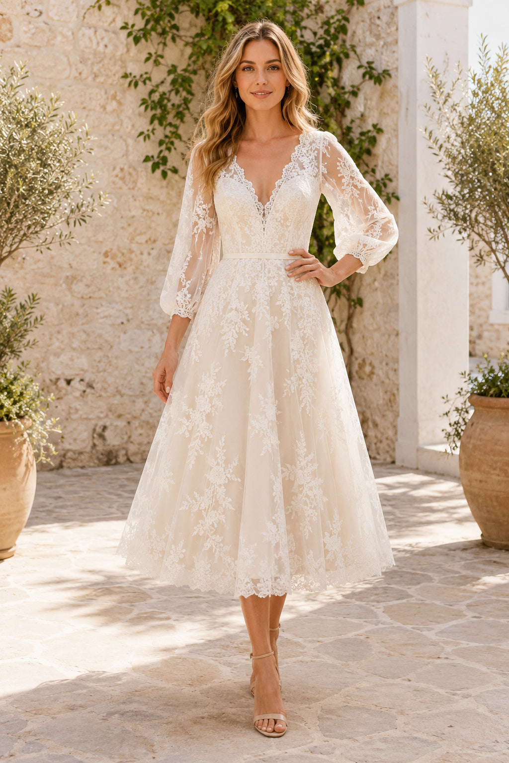 Ivory V-Neck Long Bell Sleeve Lace Tea Length Wedding Dress for Wedding Reception and Party front view