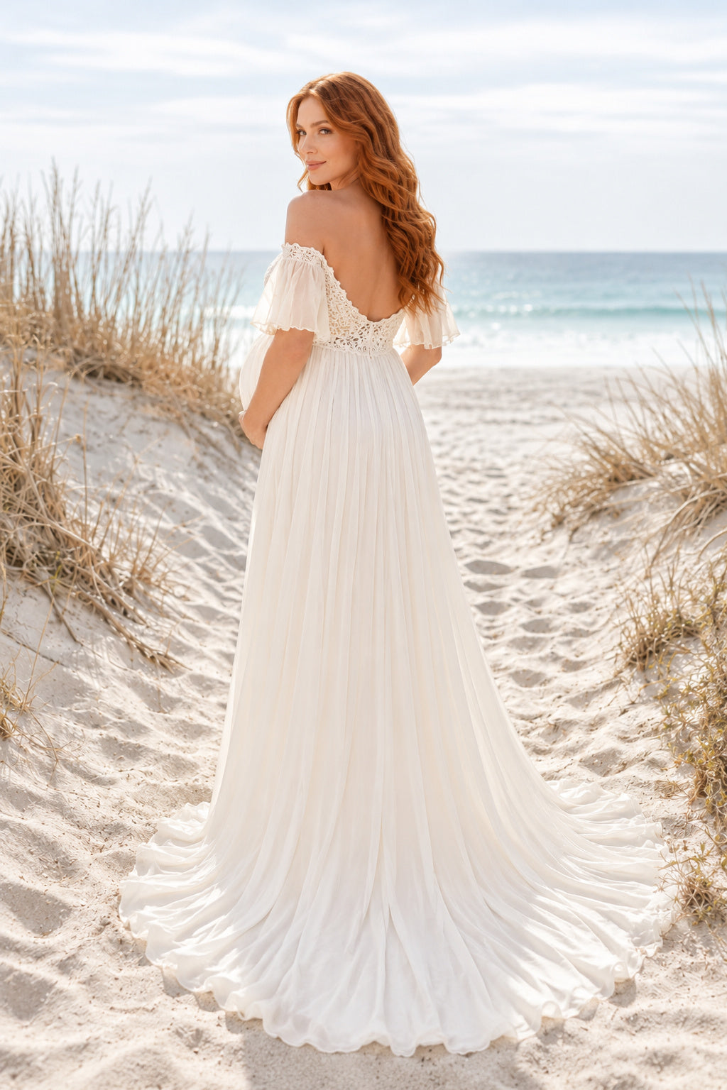 Ivory Off-the-Shoulder Chiffon Maternity Wedding Dress with Lace Bodice back view