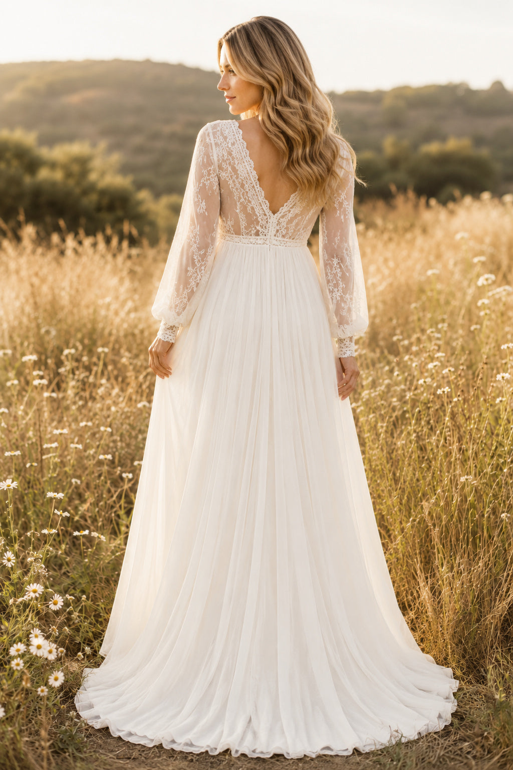 Ivory Long Sleeve Lace Maternity Wedding Dress with V-Neck and Soft Train back view