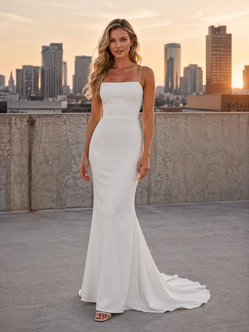 Modern Square Neck Minimalist Crepe City Rooftop Elopement Dress front view
