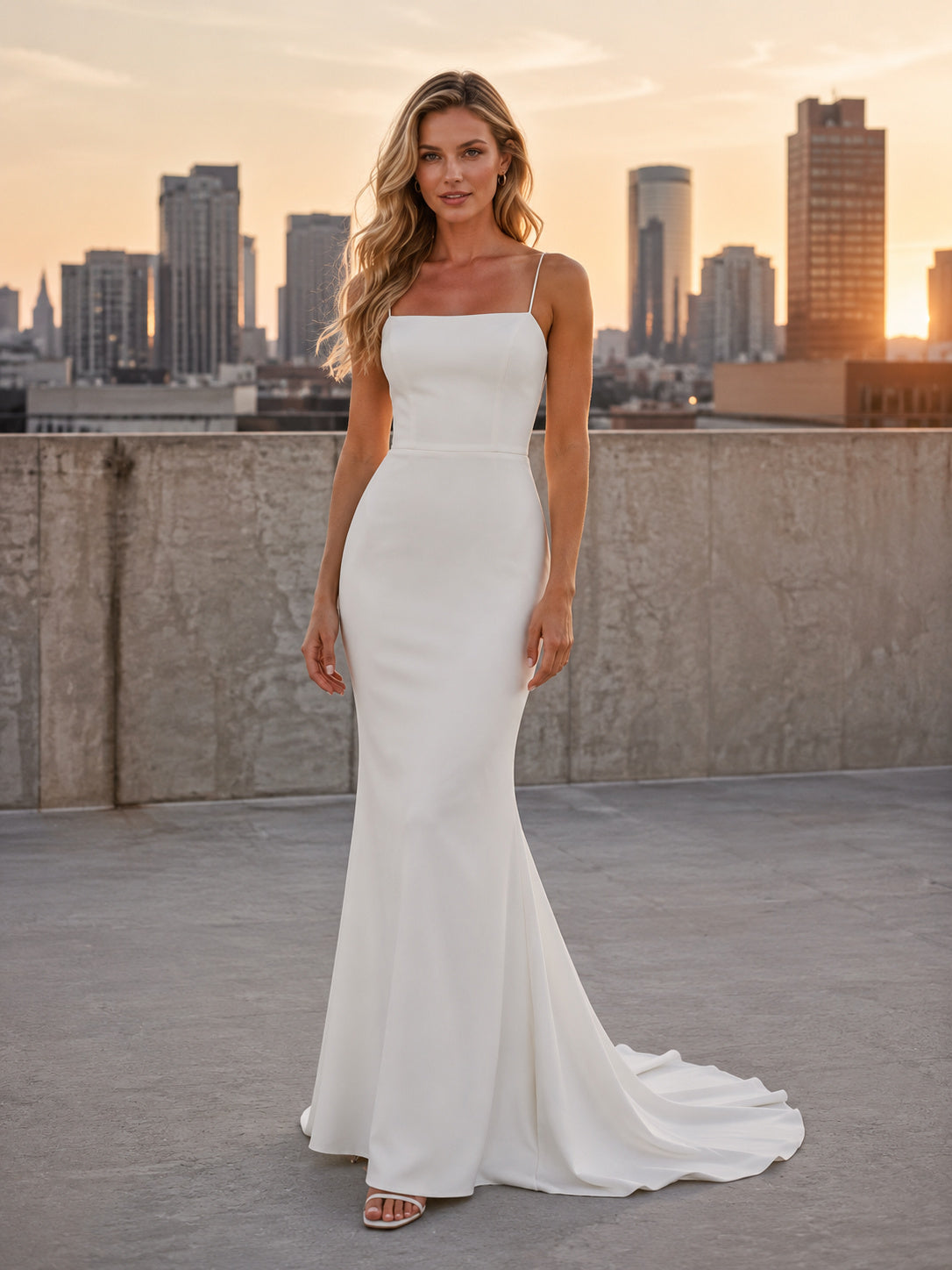 Modern Square Neck Minimalist Crepe City Rooftop Elopement Dress front view