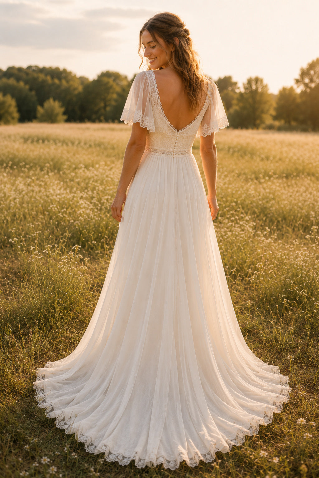Flutter Sleeve V-Neck A-Line Wedding Dress with Front Split and Soft Train for Rustic Garden Ceremony back view