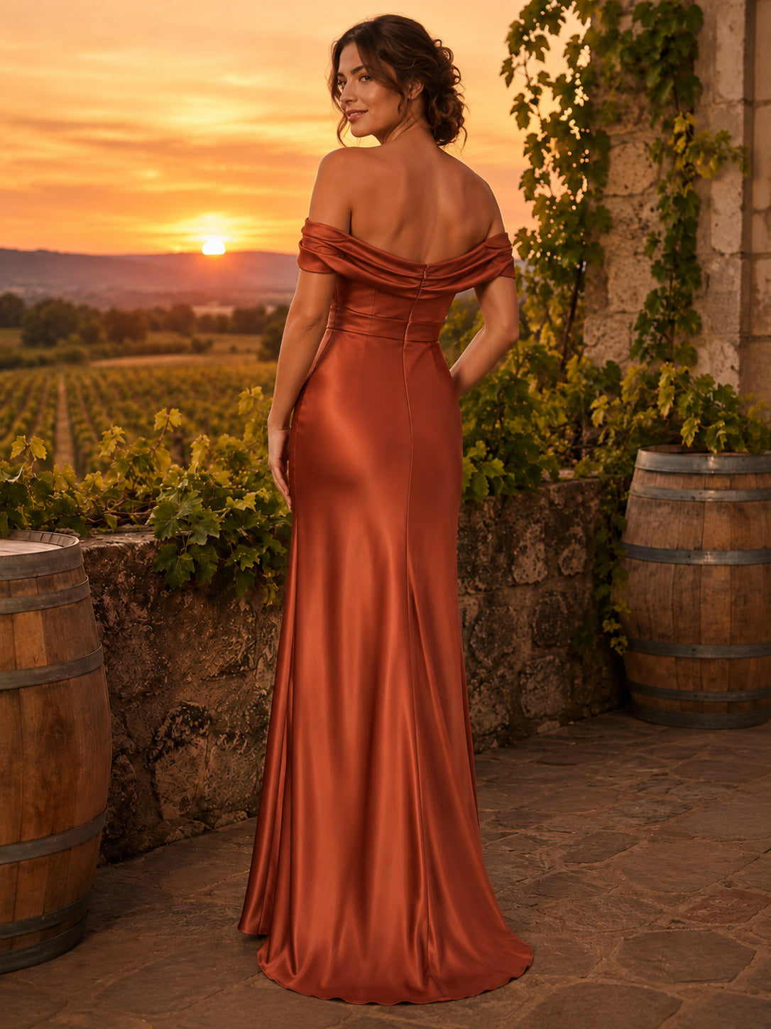 Terracotta Satin Sheath Off-Shoulder Sweetheart Short Sleeve Ruched Low Back Floor-Length Bridesmaid Dress back view
