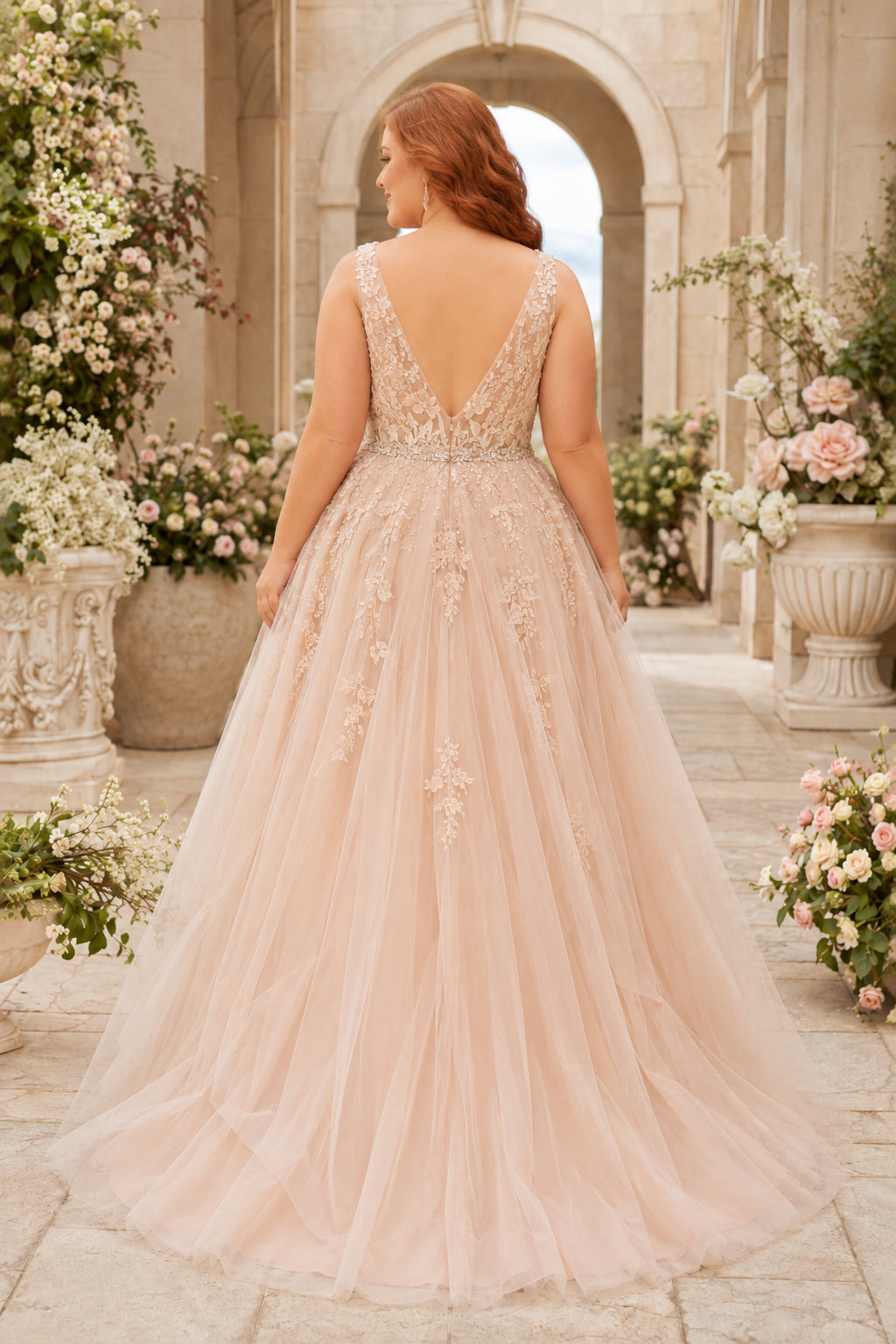 Champagne Plus Size Tulle A-Line Formal Dress with Beaded Lace Bodice for Prom Evening and Formal Reception Events back view