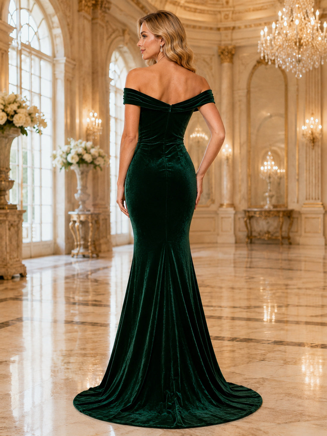 Emerald Off Shoulder Velvet Mermaid Formal Evening Gown back view
