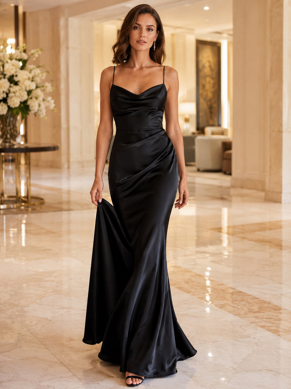 Black Cowl Neck Satin Spaghetti Strap Open Back Floor Length Mermaid Dress front view