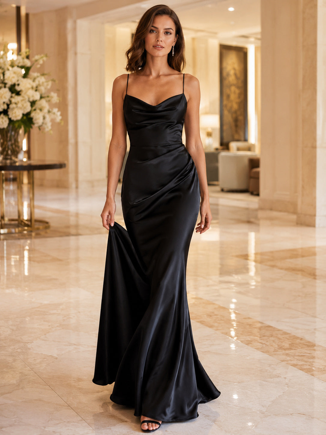 Black Cowl Neck Satin Spaghetti Strap Open Back Floor Length Mermaid Dress front view