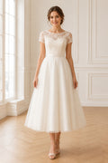 Ivory Lace Cap Sleeve Tea-Length Wedding Dress with Full Tulle Skirt front view