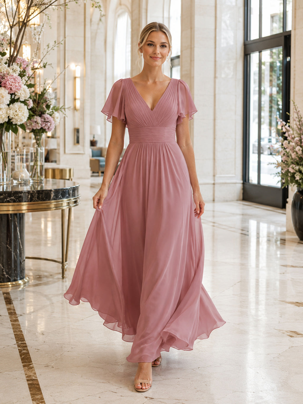 Dusty Rose Upscale City Wedding Guest Bridesmaid Cocktail Formal Dress A-Line Tea-Length V-Neck Flutter Sleeve Chiffon Low V