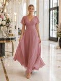 Dusty Rose Upscale City Wedding Guest Bridesmaid Cocktail Formal Dress A-Line Tea-Length V-Neck Flutter Sleeve Chiffon Low V