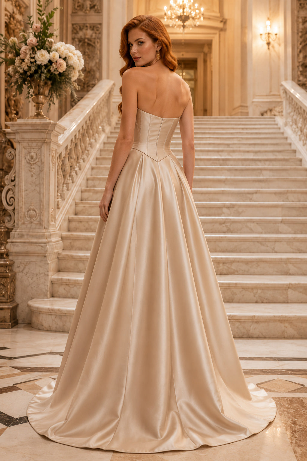 Evening Gown Champagne Satin Ball Gown Strapless Sweetheart Sweep Train back view