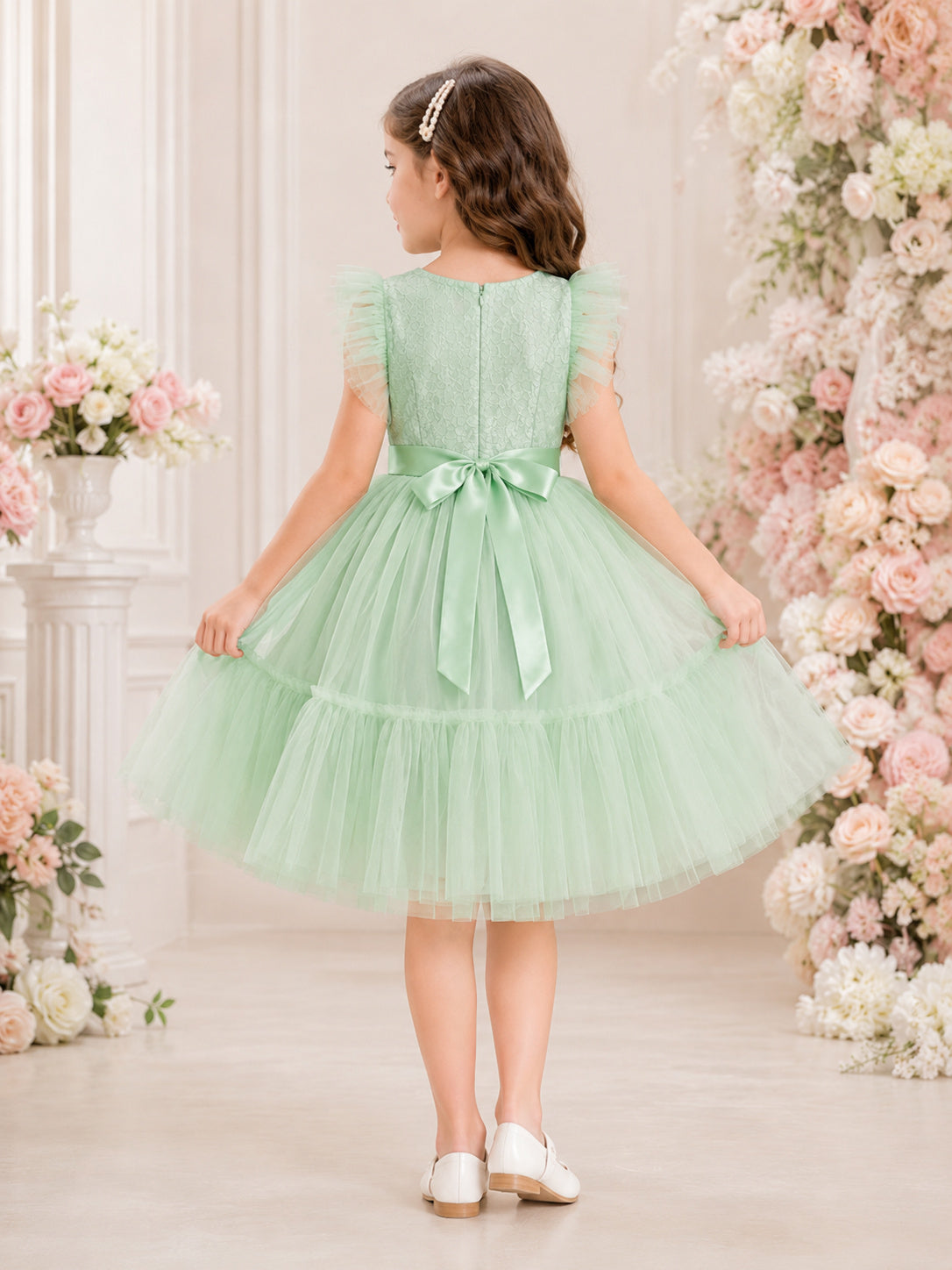 Mint Green Layered Tulle A-Line Flower Girl Party Dress with Petal Sleeves Ruffles and Bow back view