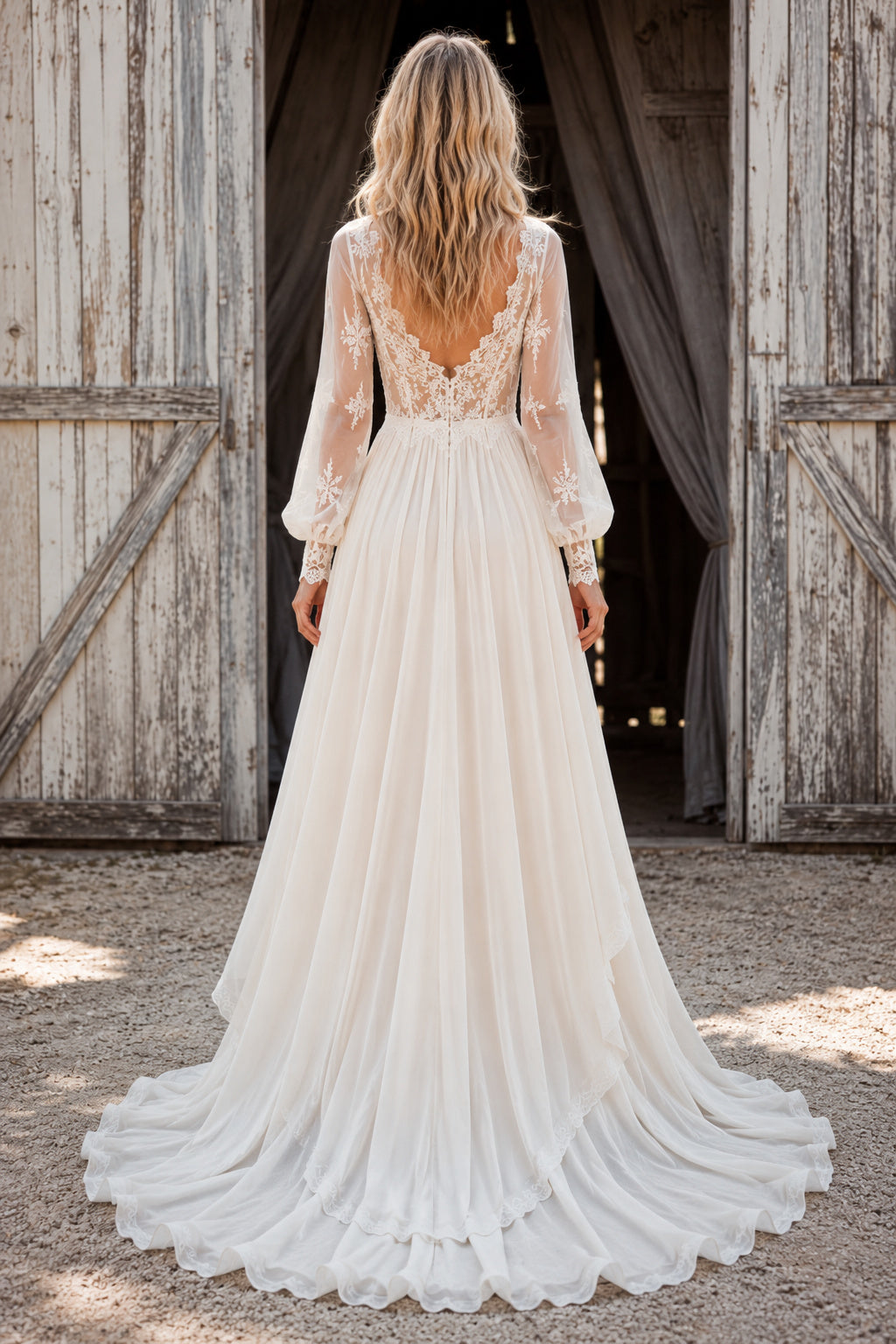 Long Sleeve V-Neck High Low A-Line Wedding Dress with Lace Bodice and Train for Rustic Garden Ceremony back view