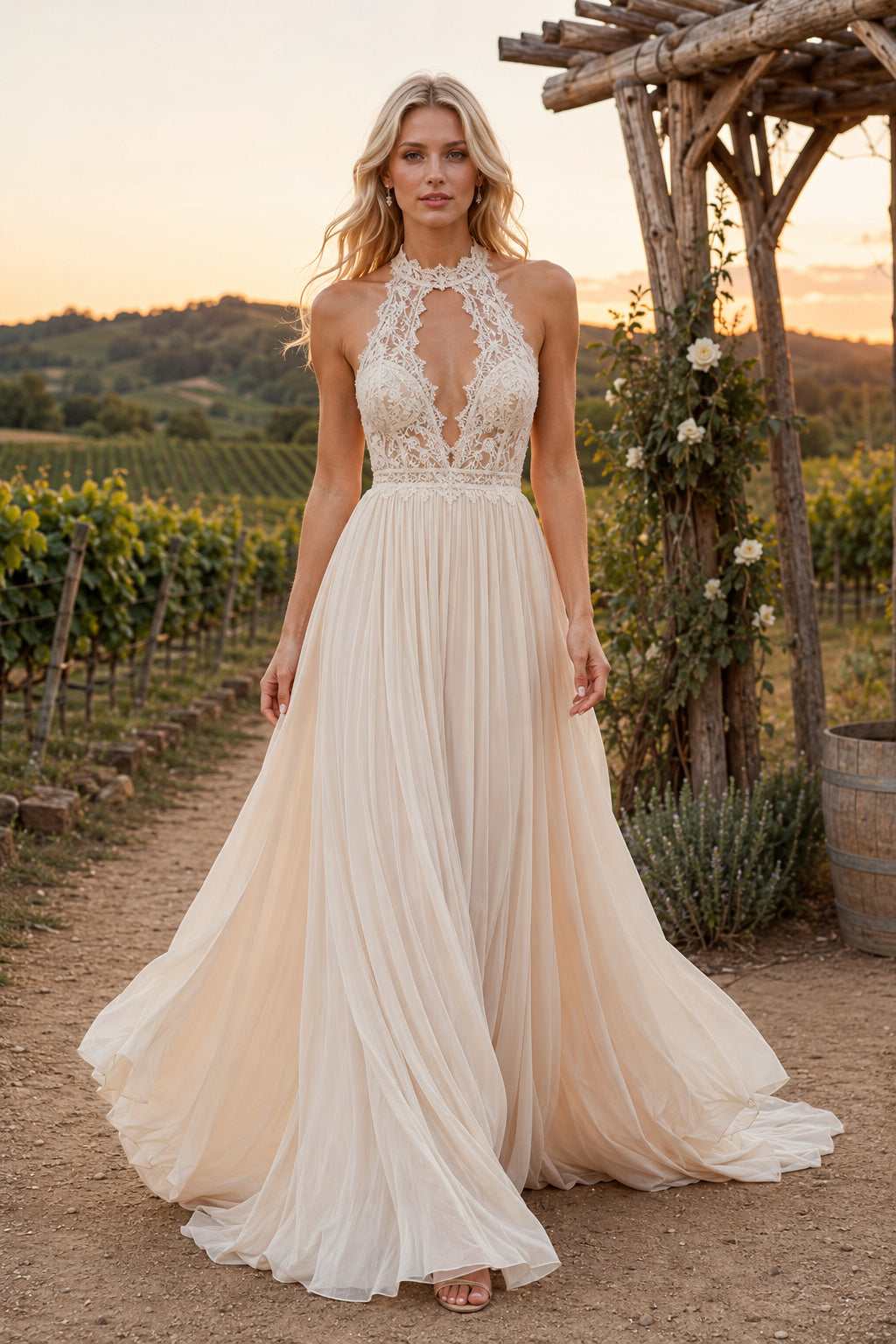 Boho Halter High Neck A-Line Wedding Dress with Lace Bodice and Open Keyhole Back front view