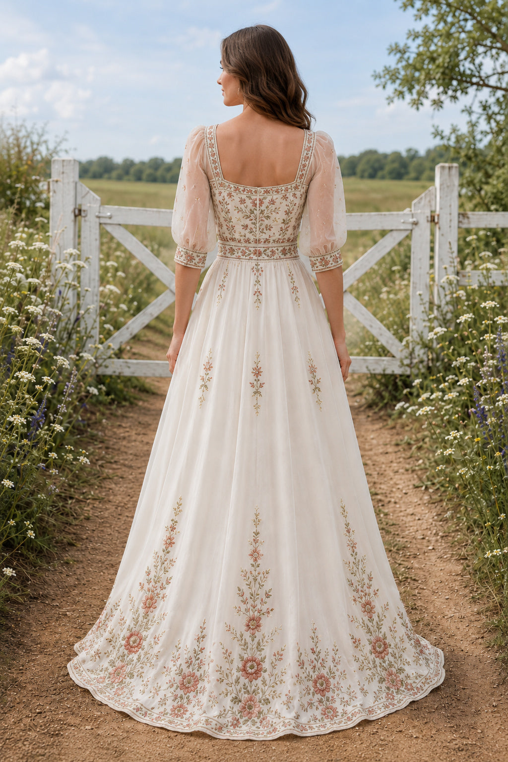 Square Neck Puff Sleeve A-Line Wedding Dress with Multicolor Floral Embroidery for Garden Reception Party back view