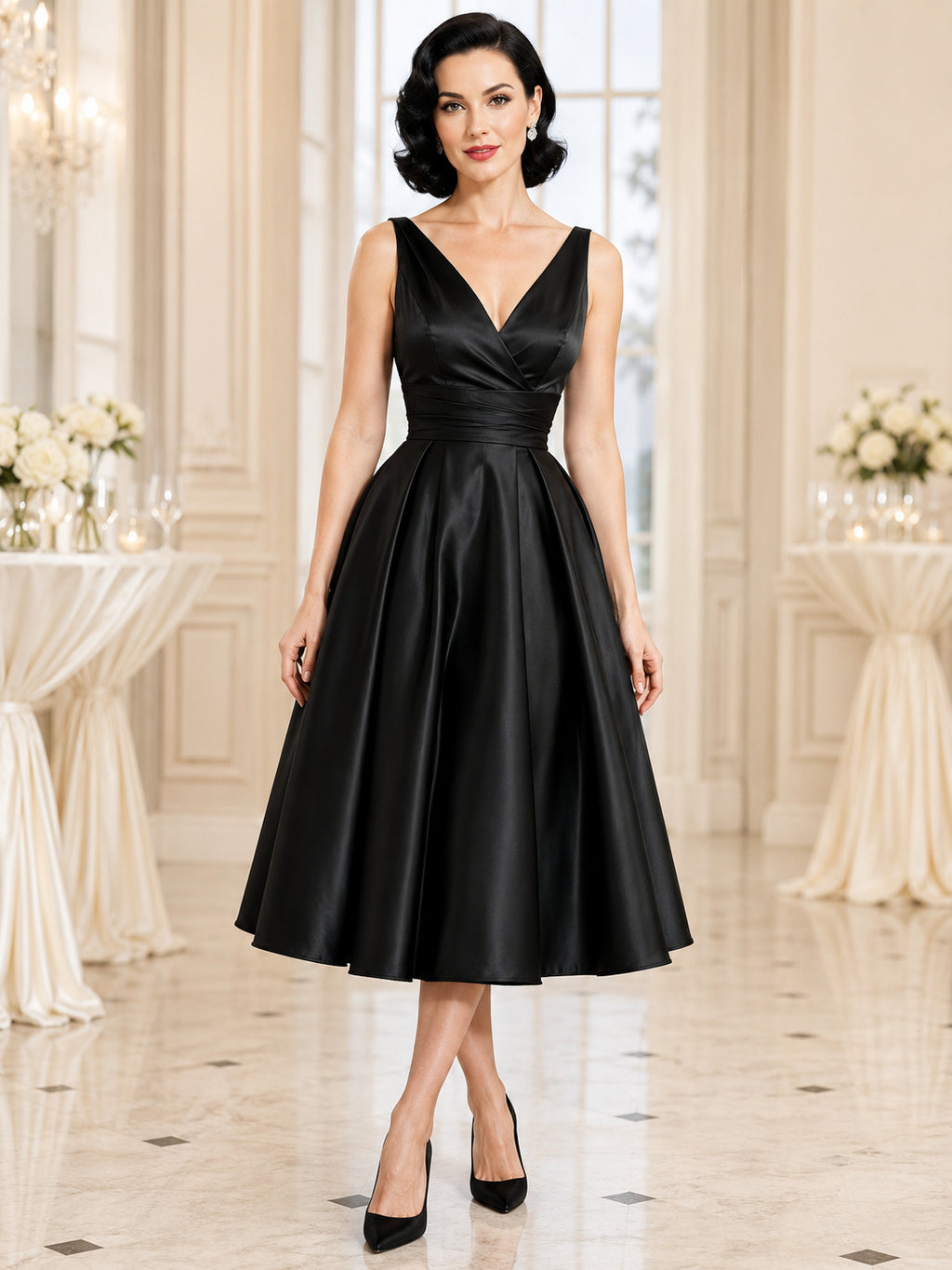 Black Vintage V-Neck Satin Tea-Length A-Line Reception Cocktail Dress front view