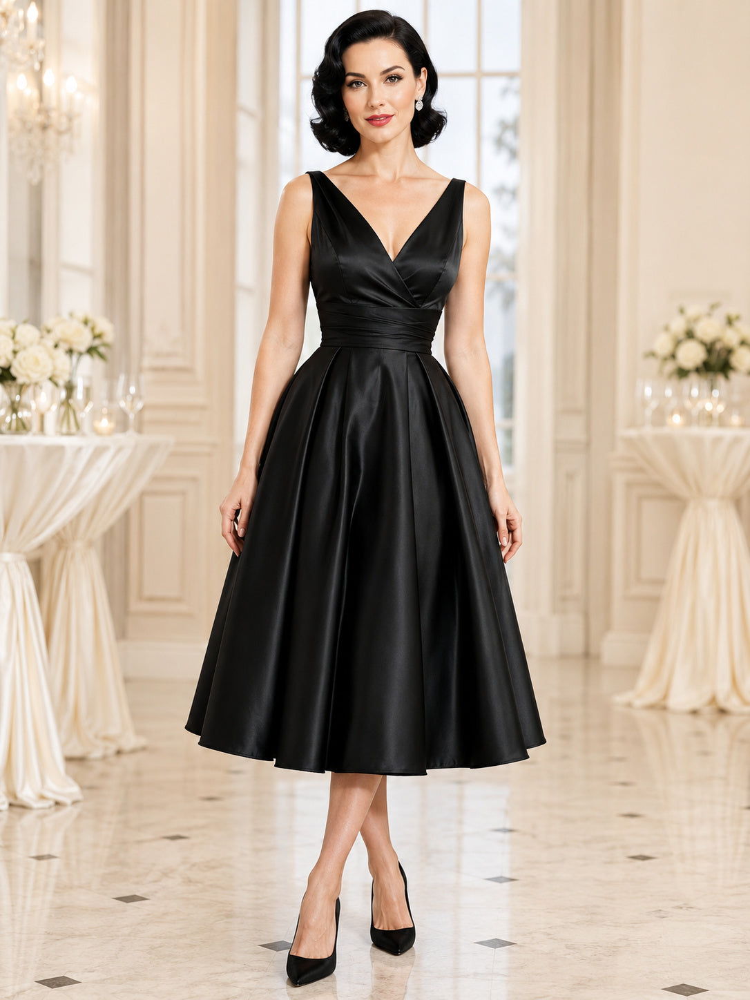 Black Vintage V-Neck Satin Tea-Length A-Line Reception Cocktail Dress front view