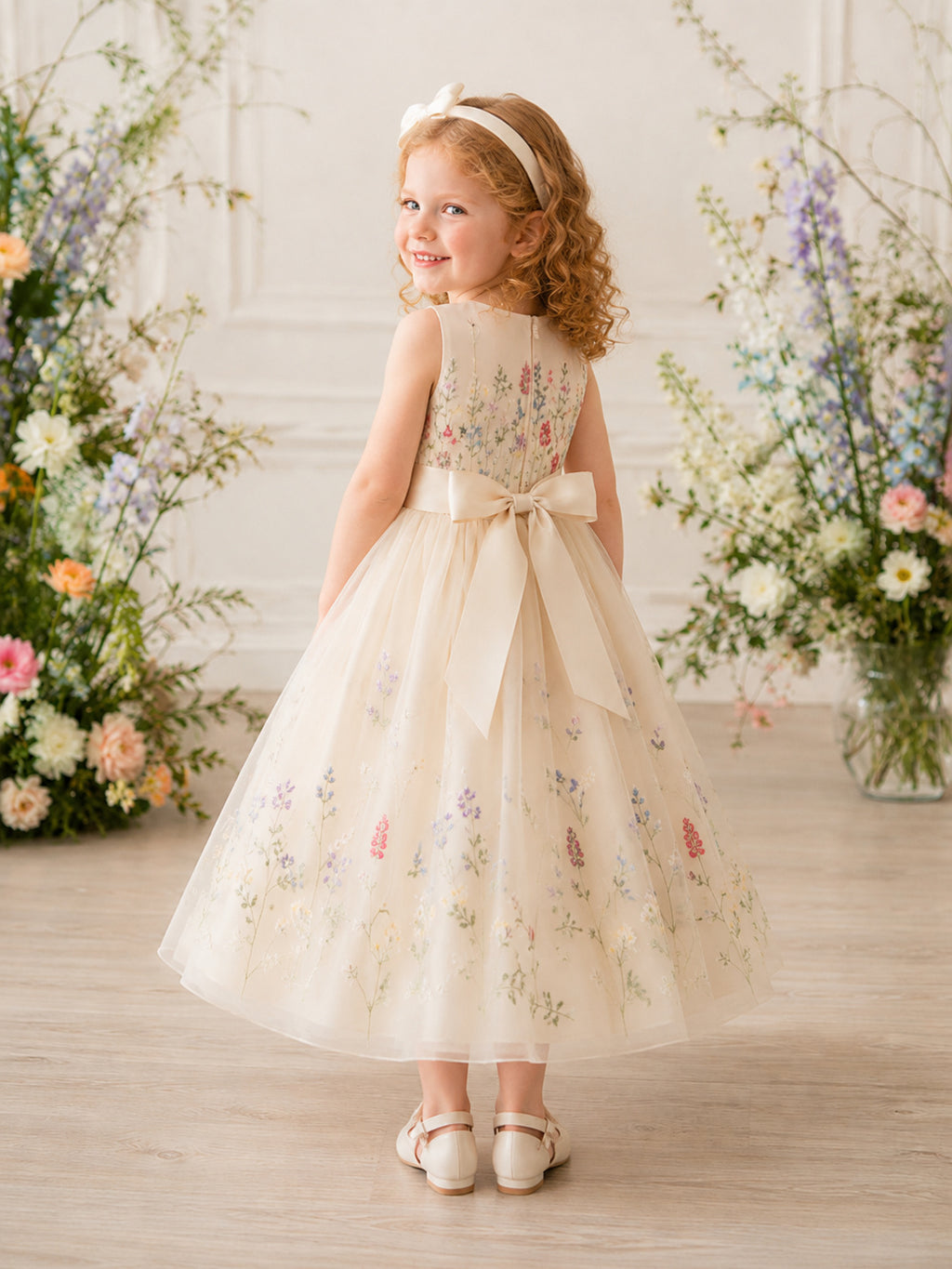 Romantic Floral Embroidered Sleeveless Tulle Flower Girl Tea-Length Garden Bow Dress back view