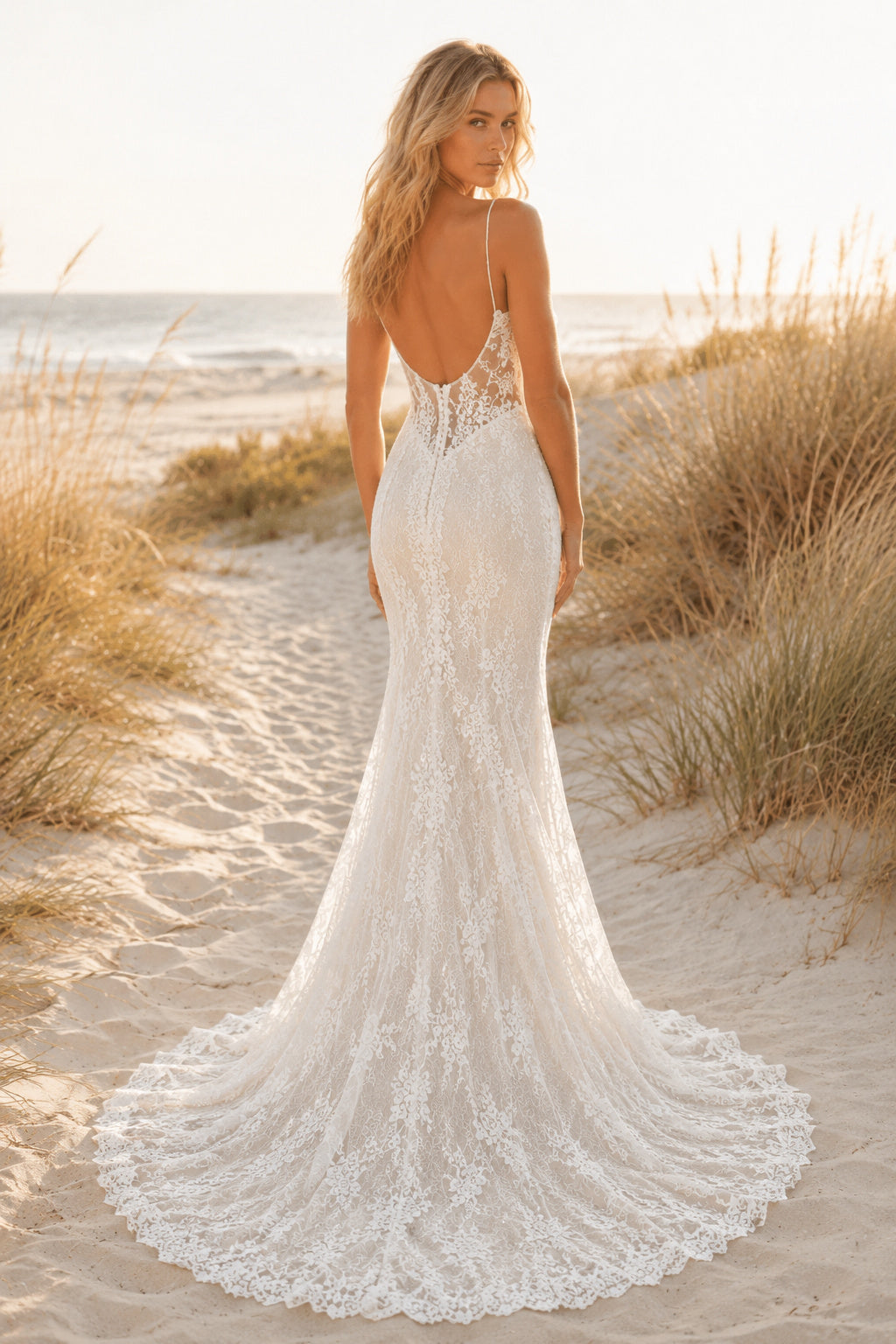 Ivory Sexy Spaghetti Neck Mermaid Allover Lace Wedding Dress with Spaghetti Straps and Sweep Train back view
