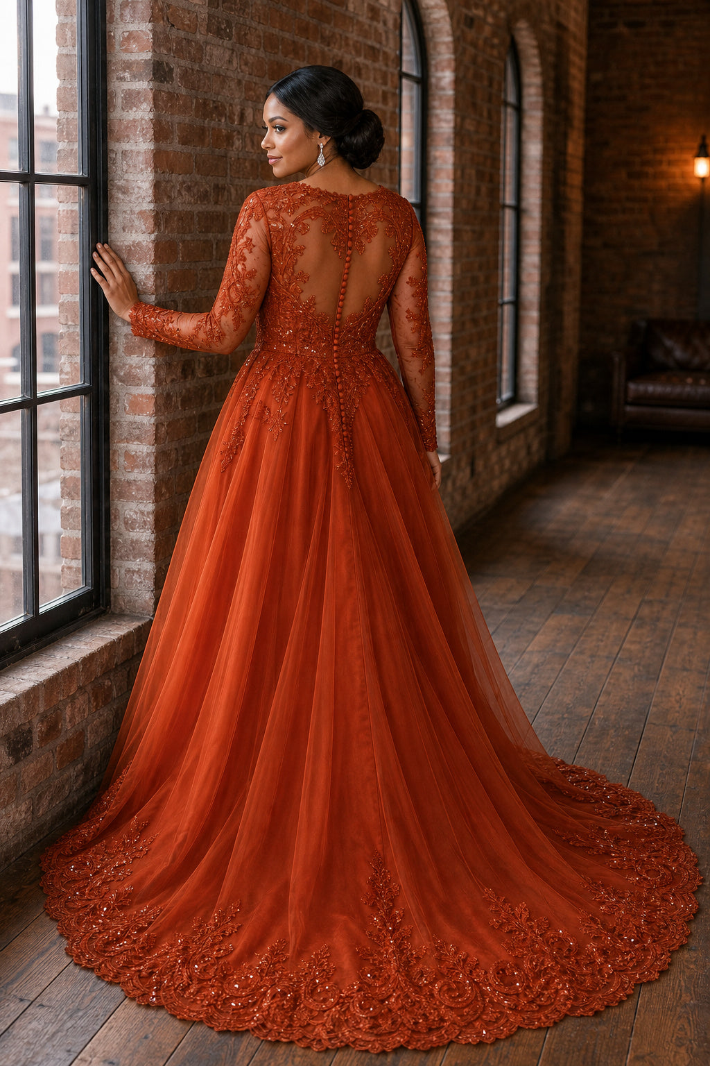 Rust Illusion Long Sleeve A-Line Lace Floor-Length Dress With Sweep Train