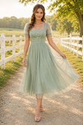 Sage Square Neck Puff Sleeve Bodice with Tulle Skirt Tea Length A-Line Homecoming Dress front view